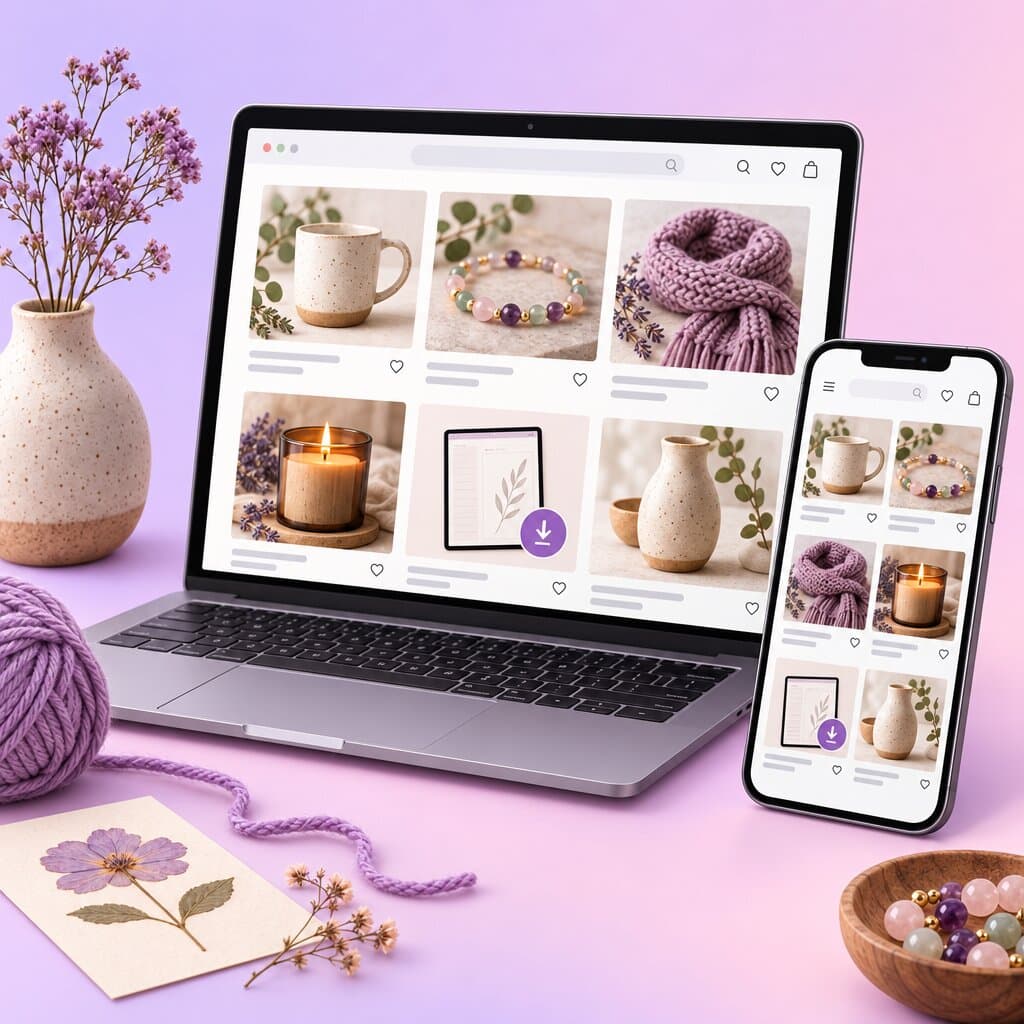 واجهة سوق إلكتروني شبيه بـ Etsy تبيع منتجات يدوية وملفات رقمية