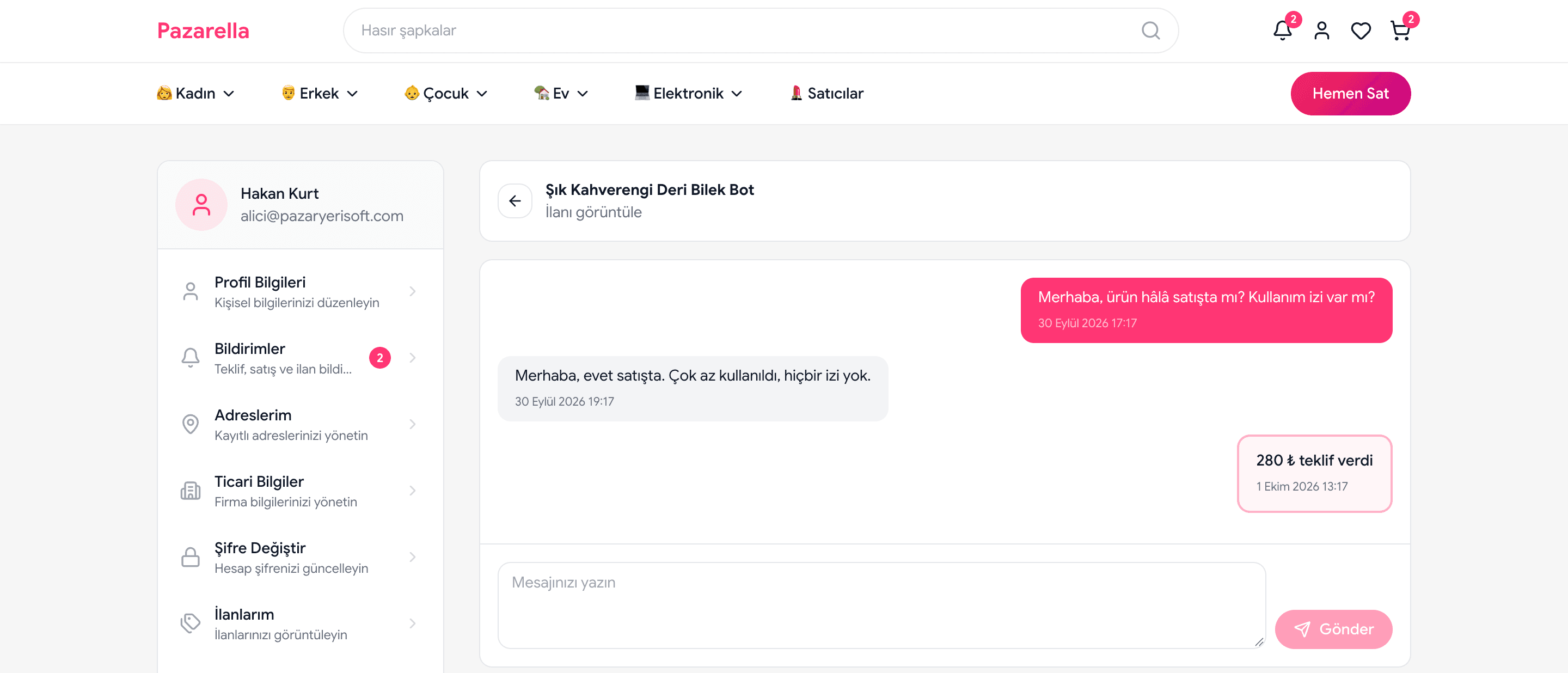 Pazarella listing messaging screen